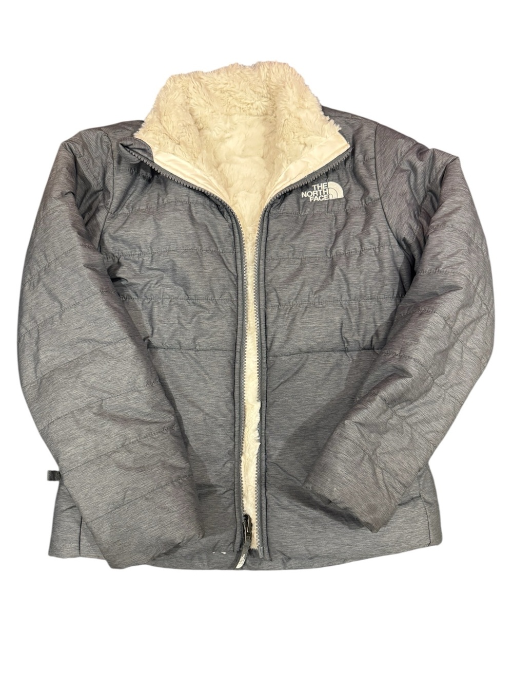 The North Face Kids Gray Double Sided Puffer Jacket with Cream Sherpa Collar